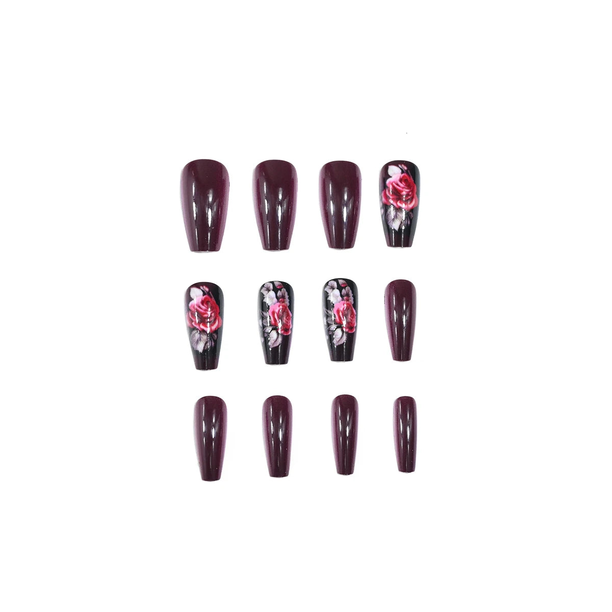 24-piece push-on nail set, fuchsia rose design, sleek manicure, easy to apply and remove, glossy finish, ballet shape, medium le