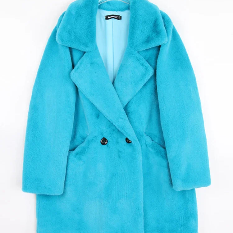 Winter Warm White Faux Fur Coat Women Long Sleeve Lapel Double Breasted Luxury Elegant Fluffy Fake Rabbit Fur Blazers Blue