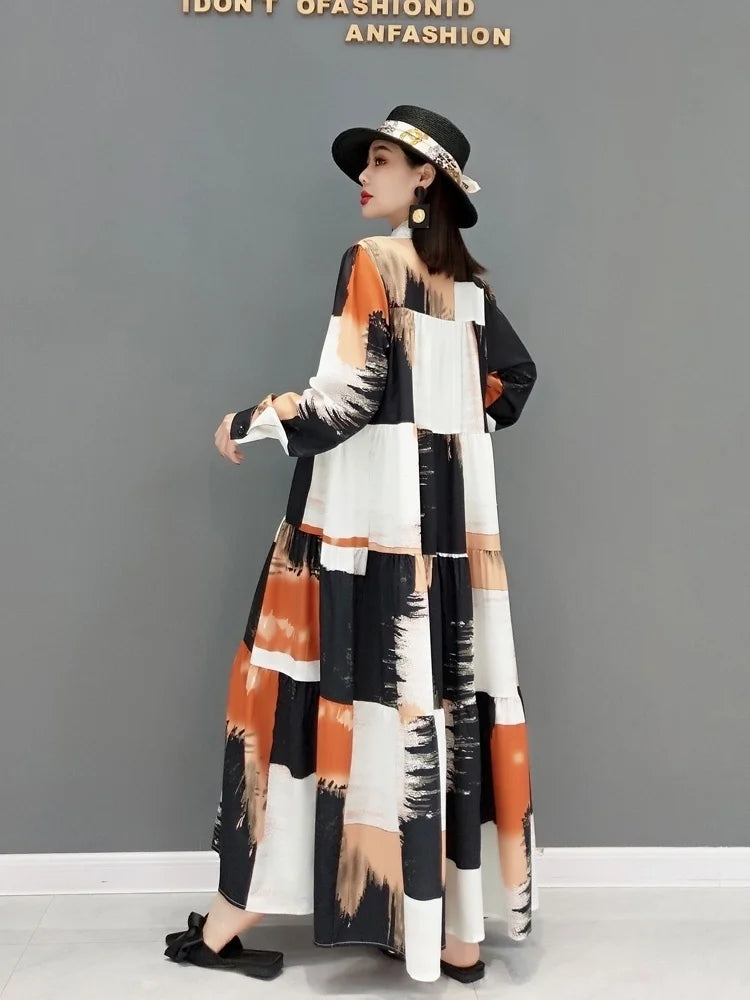 SHENGPALAE 2024 Autumn Fashion Tide Dress For Women Stand-up Collar Long Sleeve Printing Elegant Loose Fit Female Robe 5AE209