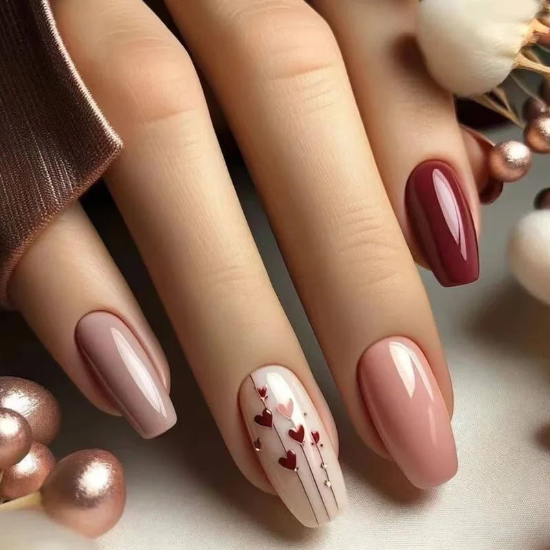 24Pcs Fashion Fake Nails Press on Long Ballet False Nails Art with Flower Design Brown Detachable Full Cover Nail Tips Manicure