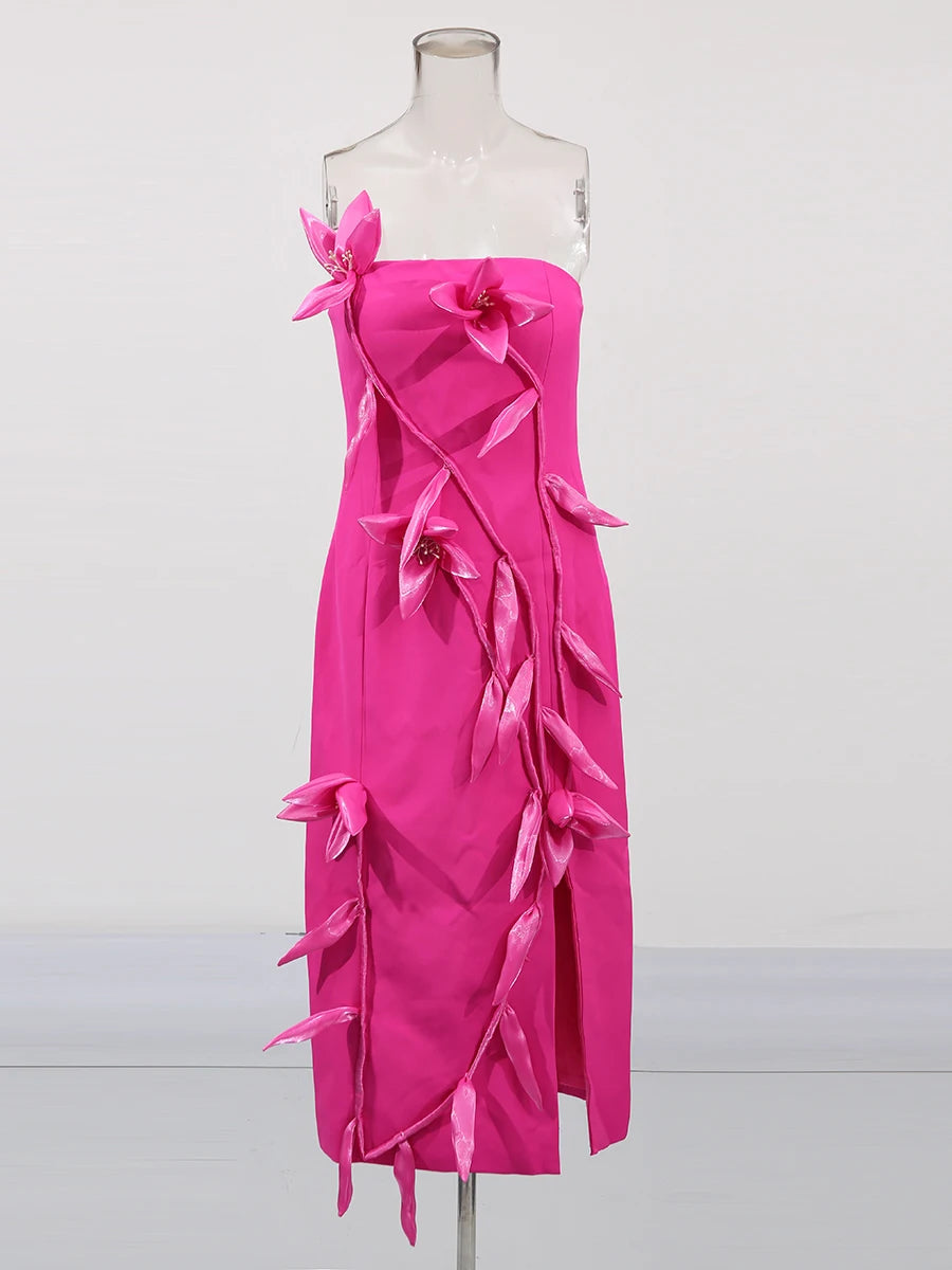 TWOTWINSTYLE Solid Slimming Spliced Appliques Elegant Dresses for Women Srtapless Sleeveless Split Dress Femlae Fashion Clothing