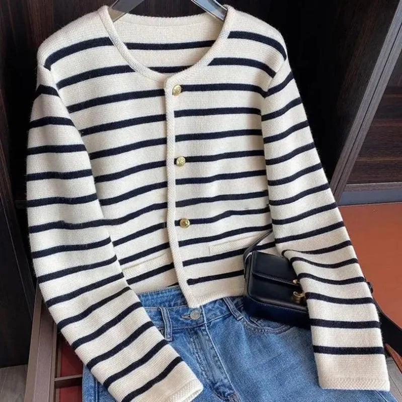 Spring Autumn Stripes Knit Cardigan Womens Elegant Long Sleeve Single Breasted Short Coat Ladies O-neck Apricot Knitted Sweaters