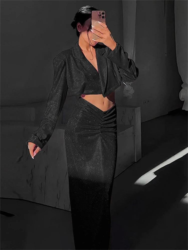 Ladies New Bling Glitter Slim Dress Set 2 Pieces Long Sleeve Pad Crop Top And Maxi Skirt Evening Party Night Club Women Outfits black