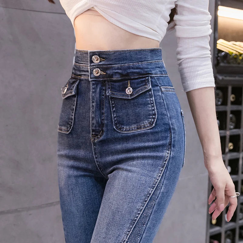 Rhinestone Flared Jeans For Women Soft Skinny Patchwork Boot-Cut Denim Trousers Mujer Fashion Stretch Pants Ladies Blue