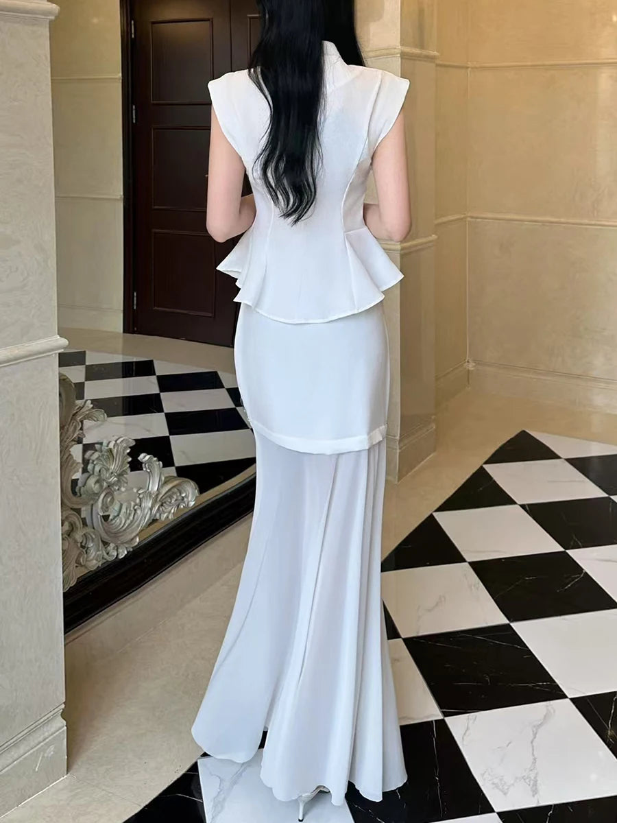 TWOTWINSTYLE Solid Two Piece Sets for Women Round Neck Sleeveless Patchwork Sequin Vest High Waist Sheer Skirt Set Female New