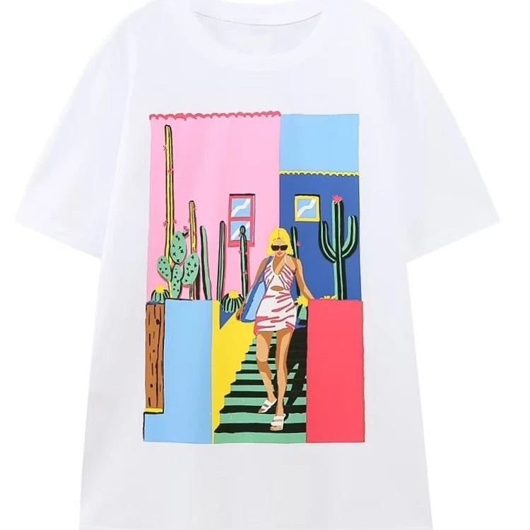 Women Fashion Contrast Color Girls Print Casual T Shirt Female Basic O Neck Short Sleeve Chic Leisure Tops T3069