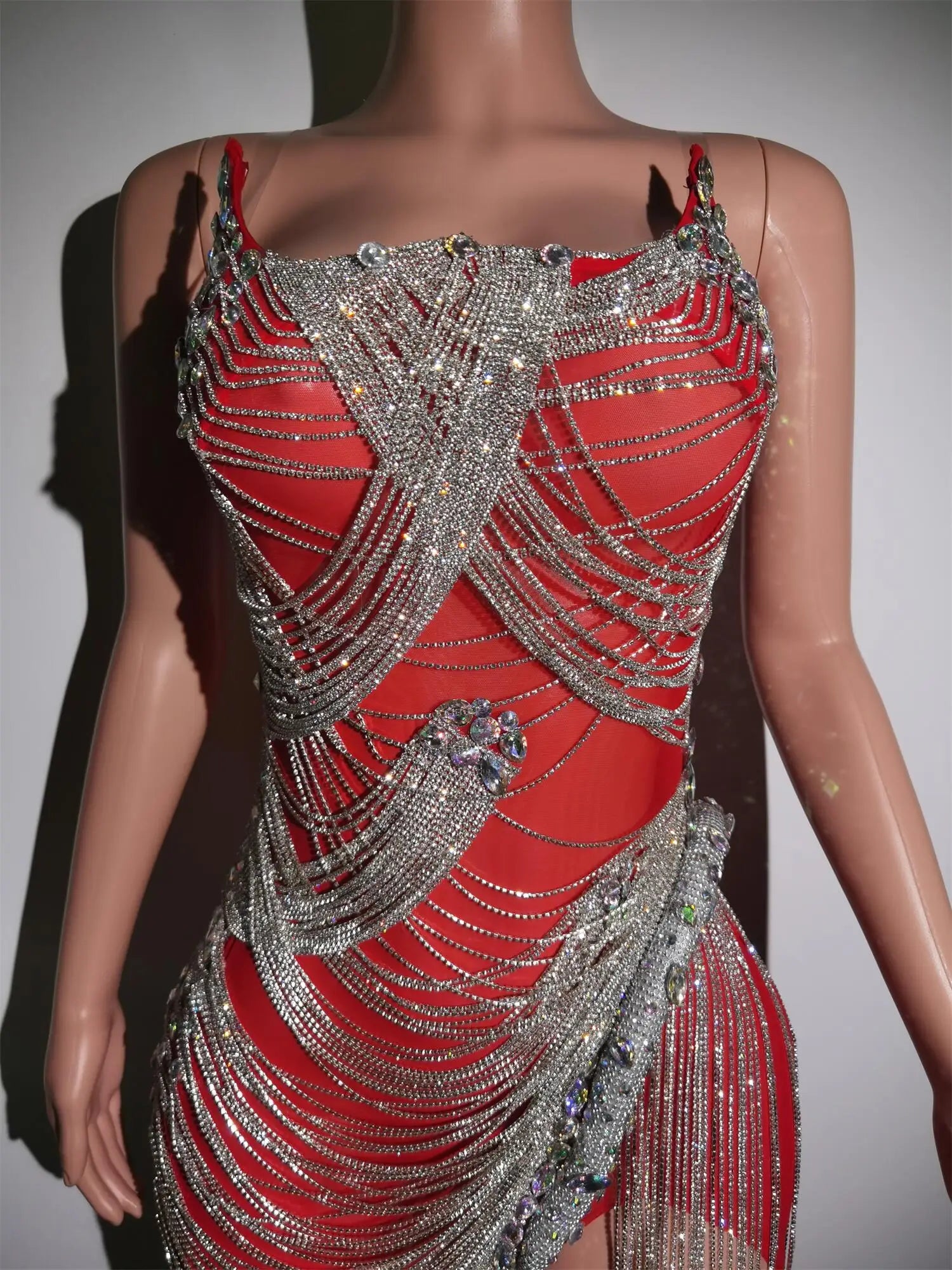 Luxurious Silver Crystals Chains Summer Dresses Women Fashion Rhinestones Fringes Performance See Through Outfit Costume Luoli