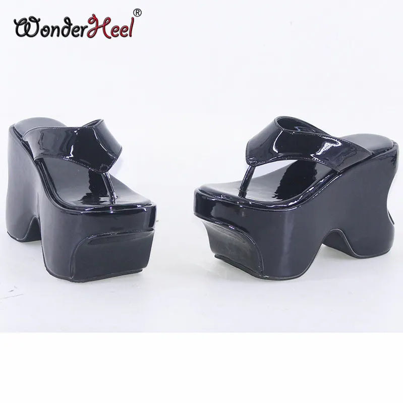 Wonderheel Summer 12cm Height Increasing Heels Platform Japanese Modern Women Sandals Mirror Leather Slip On Big Size black