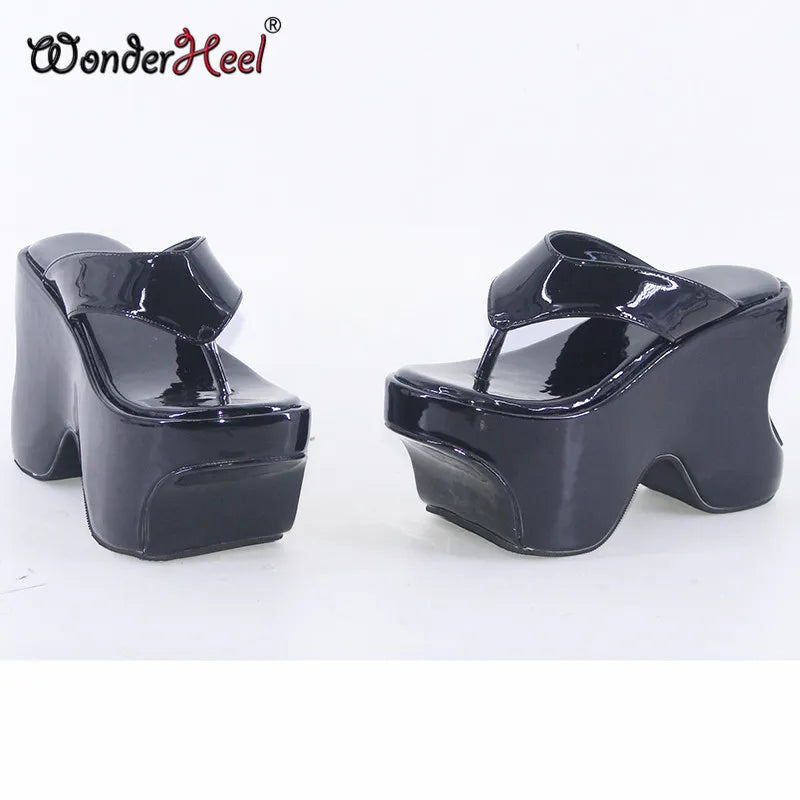 Wonderheel Summer 12cm Height Increasing Heels Platform Japanese Modern Women Sandals Mirror Leather Slip On Big Size black