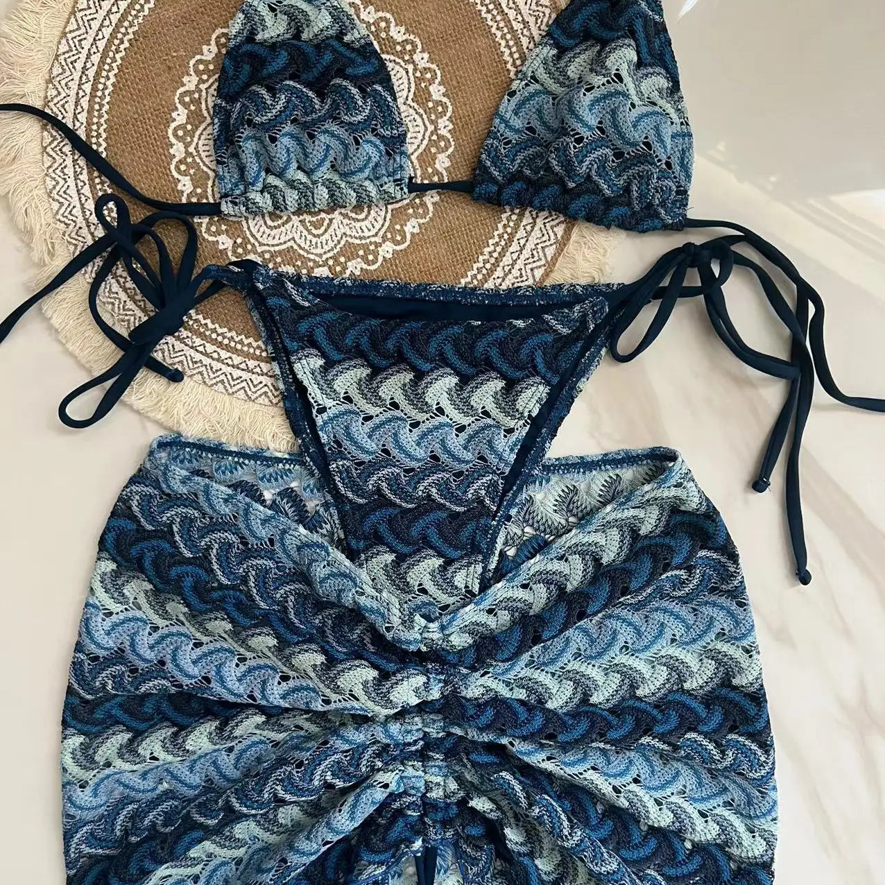 Three Piece Bikini Skirt Swimwear women swimsuit Blue