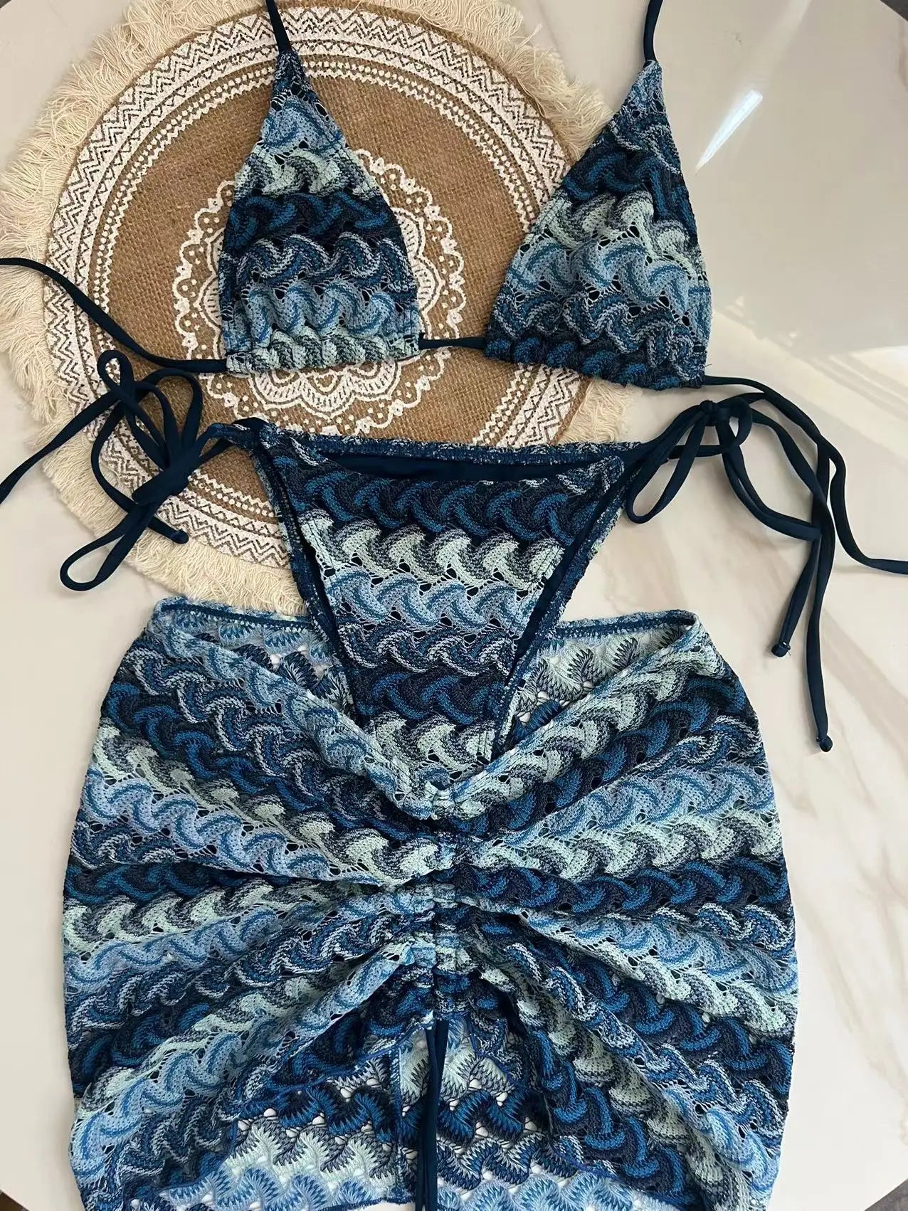 Three Piece Bikini Skirt Swimwear women swimsuit Blue