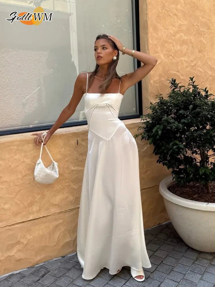Elegant Solid Satin Ruffles Sling Long Dress Lady Sexy Square Collar Backless Sleeveless Lace Up Robes Chic Women Party Dresses