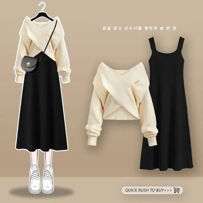 Women's Autumn Winter Knit Dress Two Piece Fashion Cross Sweater+Suspended Skirt Matching Set Korean Elegant Chic Suit Set 05