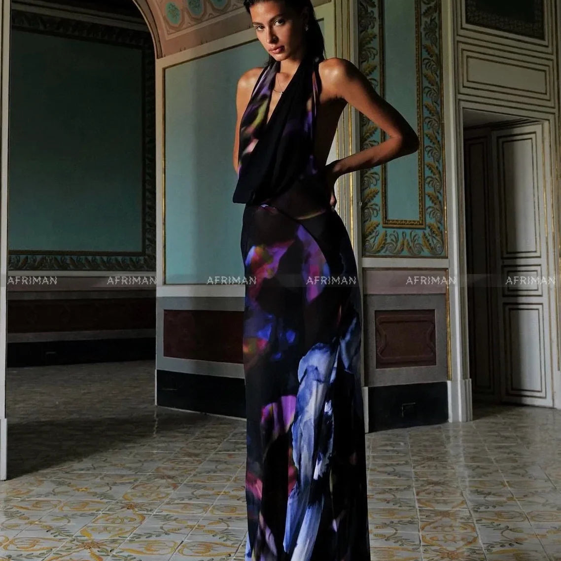 Women New Halo Dye Positioning Print Sexy Backless Hanging Neck V-neck Holiday Wear Maxi Dress for Women