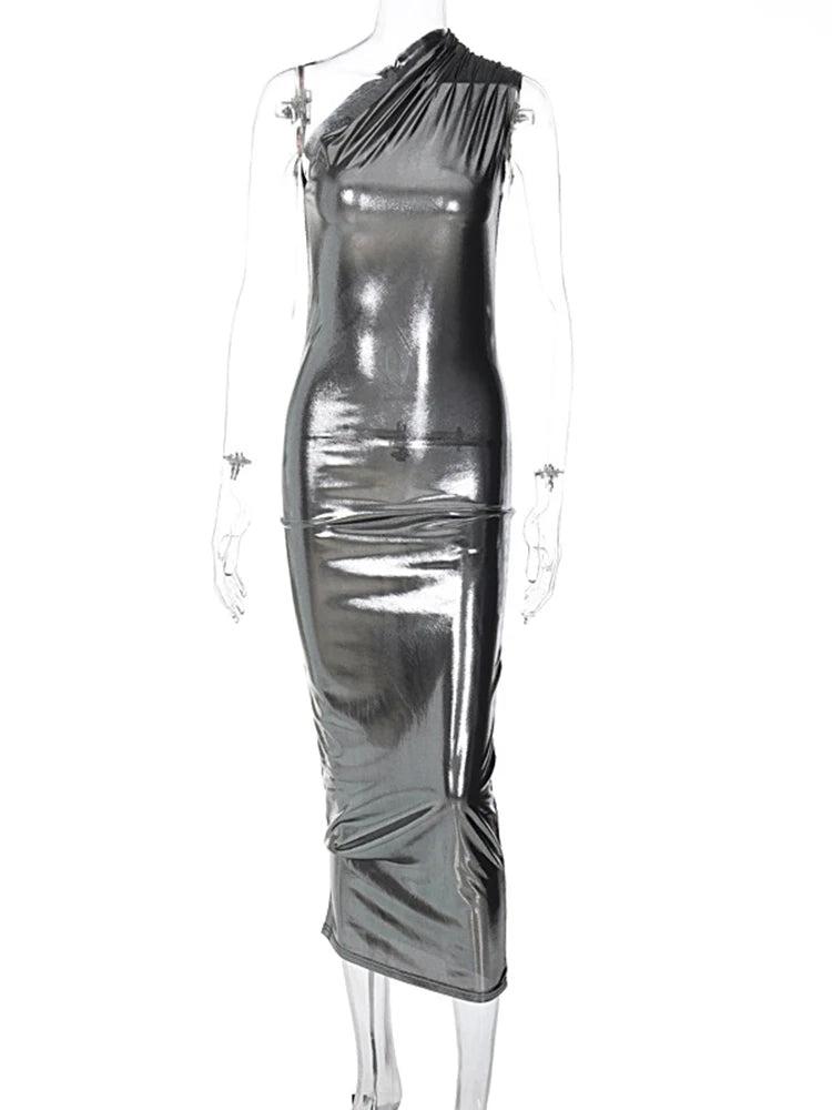 Faux Leather Sleeveless One Shoulder Long Dress For Women Bodycon Sexy Streetwear Party Club Outfits Summer Clothes