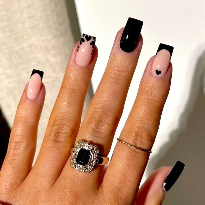 24Pcs Solid Black Short False Nails with Rose Pattern Design Ballerina Square Artificial Full Cover Press on Nail Tips for Girls