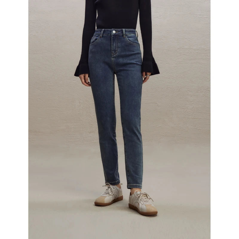 Commuter Style Stretch Skinny Jeans for Women High Waist Slimming Winter Pencil Pants Small Foot Nine-Point Pant Blue