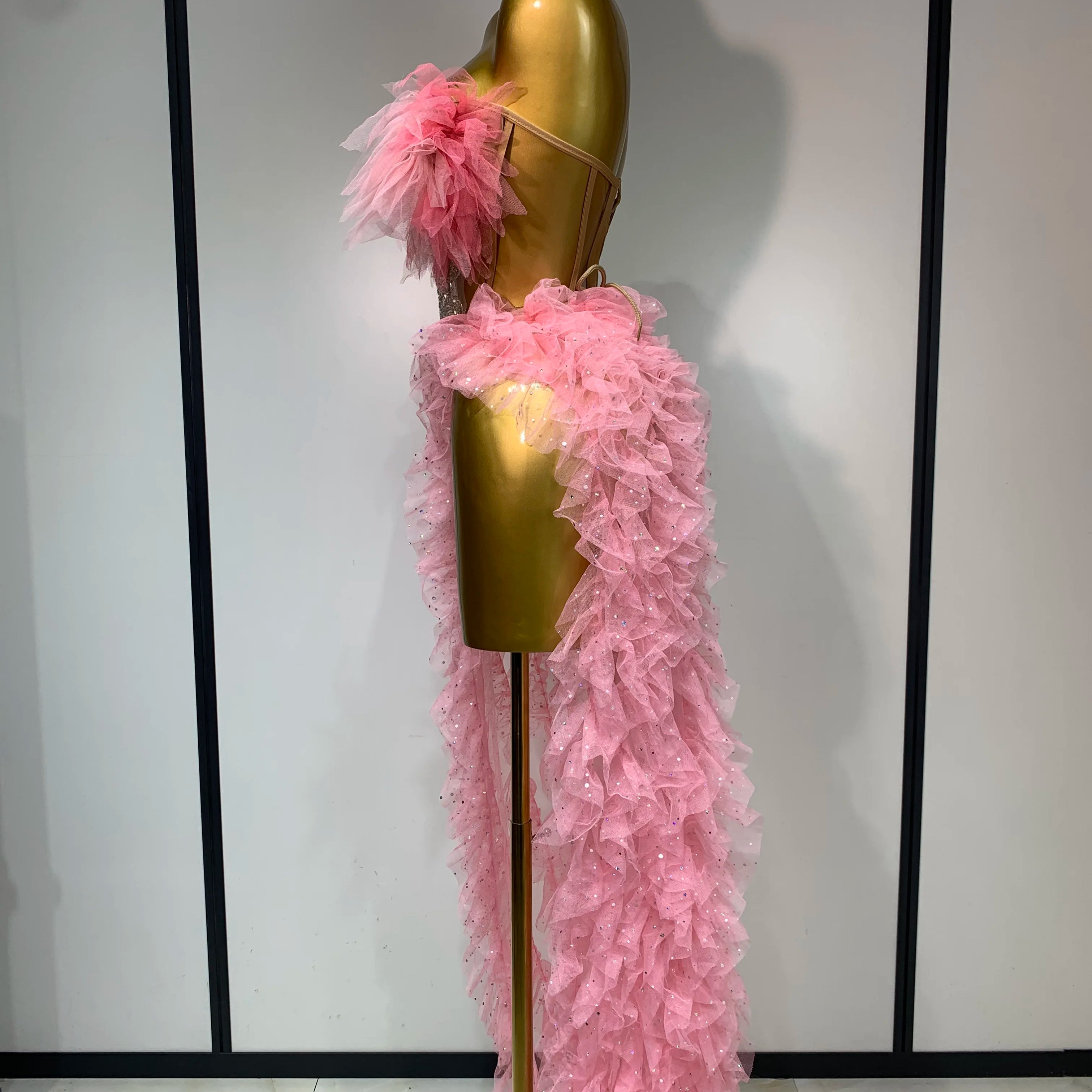 Women Sexy Strapless Ruffles two Pieces Set Bodycon Long Dress High Split Fashion Nightclub Party Birthday  Singer Stage Outfit