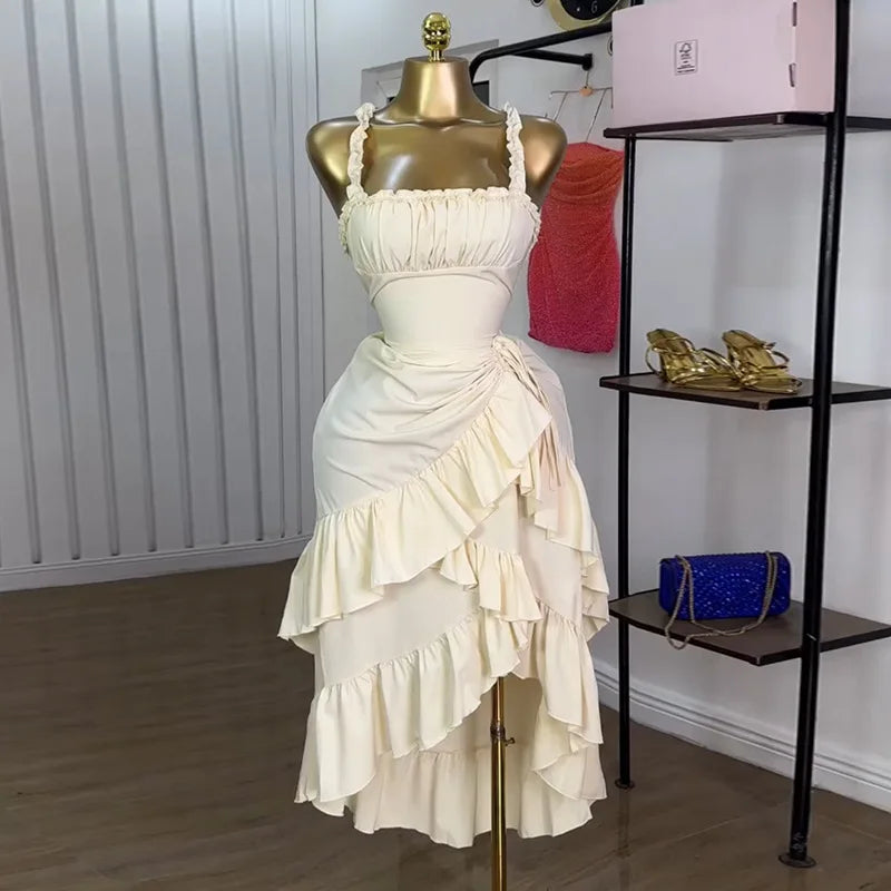 CM.YAYA Women Strap Slash Neck Cascading Ruffles Drawstring Ruched Up Long Maxi Dress 2025 Birthday Evening Sexy Dresses Vestido