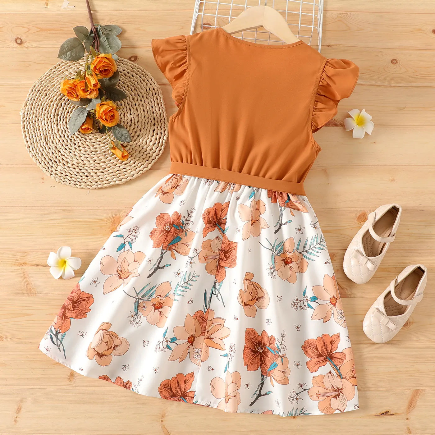 Girl Kids Dress Girl Dresses for Very Elegant Party Ruffled Floral Print Splice Belted Flutter-sleeve Dress Girl Clothing