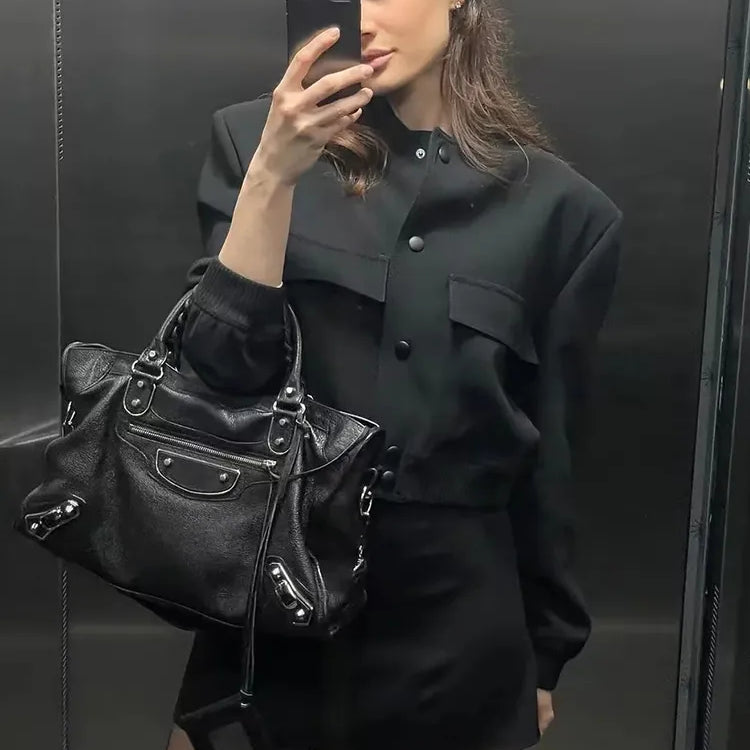 Vintage Solid Long Sleeve Bomber Jacket Spring Women Casual Coats Streetwear Female Elegant Lapel Zipper Jakcet