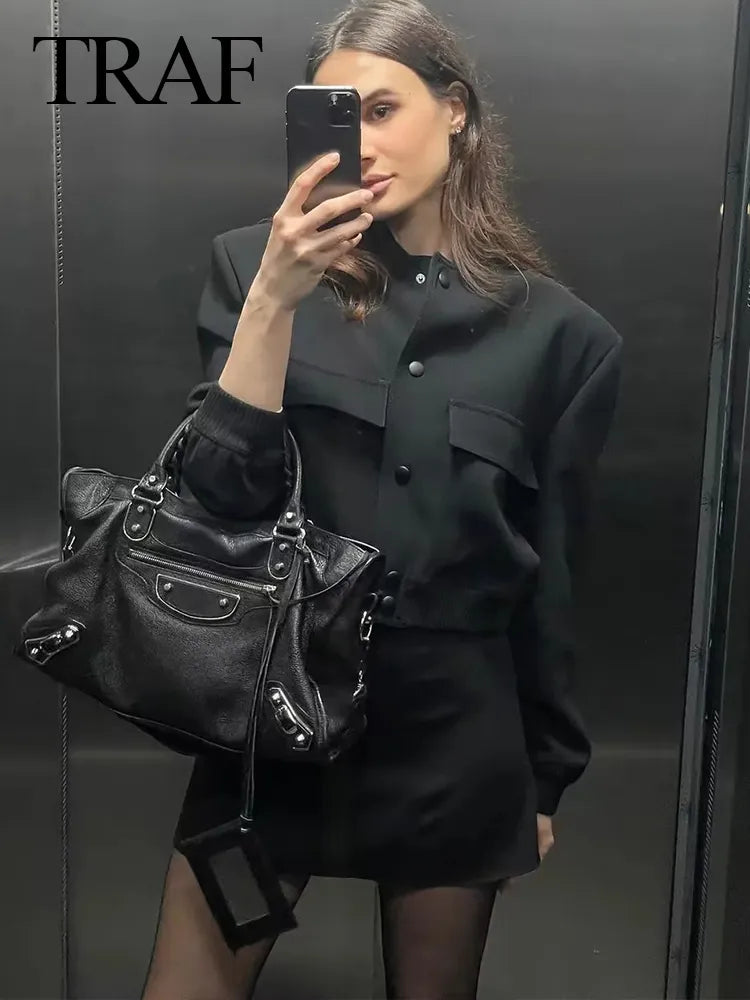 Vintage Solid Long Sleeve Bomber Jacket Spring Women Casual Coats Streetwear Female Elegant Lapel Zipper Jakcet