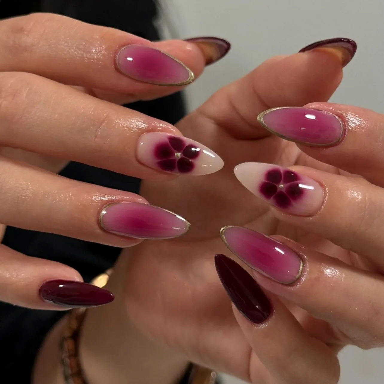 24pcs French Almond Press on Nails Flower Pattern Fake Nails False Nails Artificial Tips Накладные Ногти Uñas Postizas Mujer 네일팁