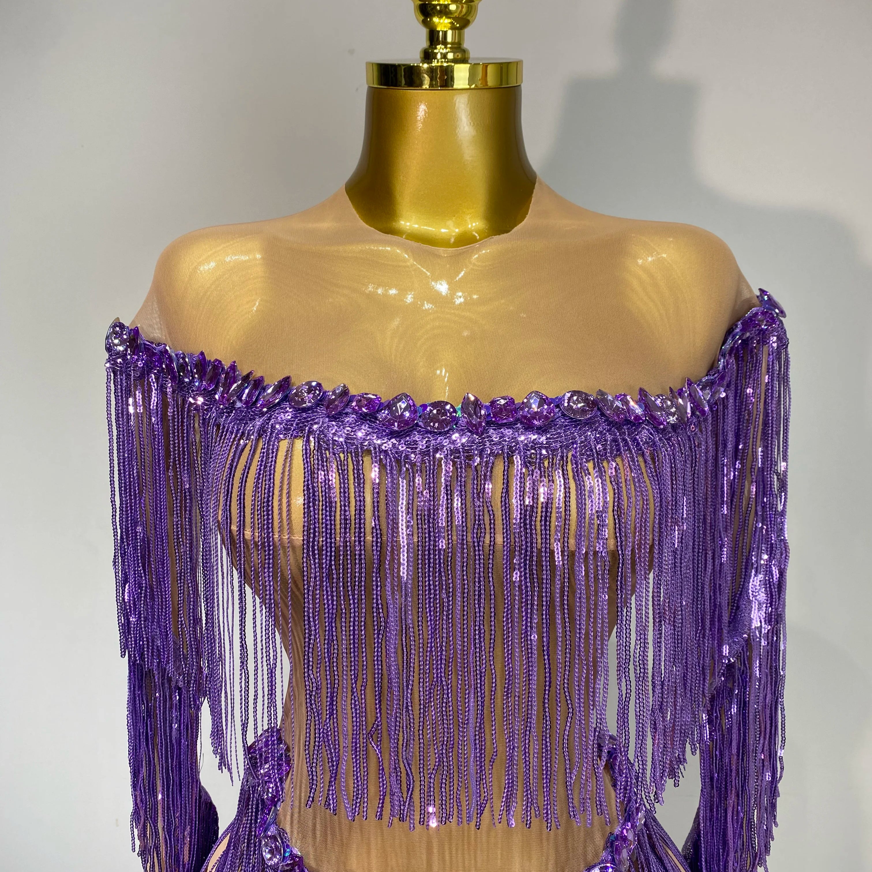 Sparkly Tassel Rhinestones Long Sleeves Sexy Stretch Mesh See Through Bodysuit Women Nightclub Stage Singer Perform Costume