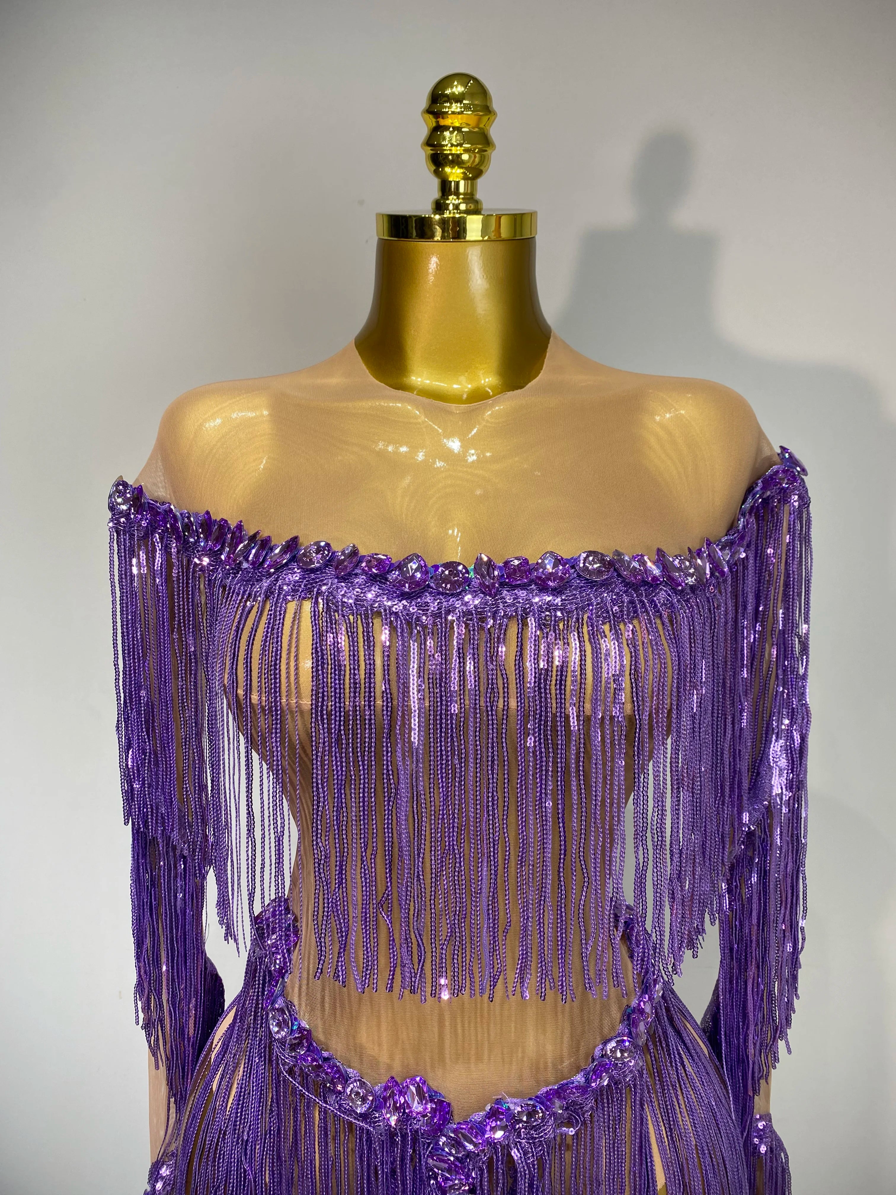 Sparkly Tassel Rhinestones Long Sleeves Sexy Stretch Mesh See Through Bodysuit Women Nightclub Stage Singer Perform Costume