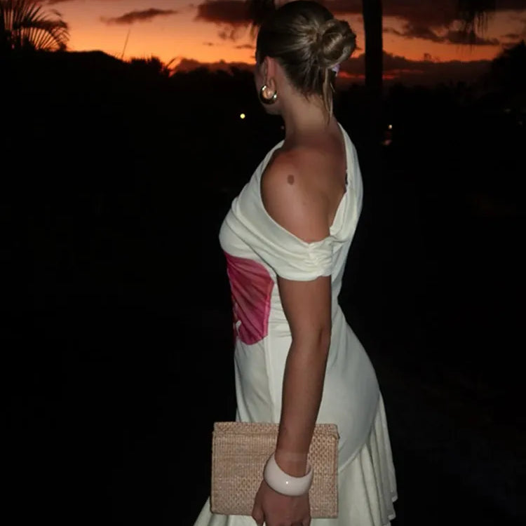 Vestido feminino com pregas irregulares e bainha estampada, ombro de fora, bainha com babados, malha com fenda alta, vestidos de igreja para mulheres, verão 2025