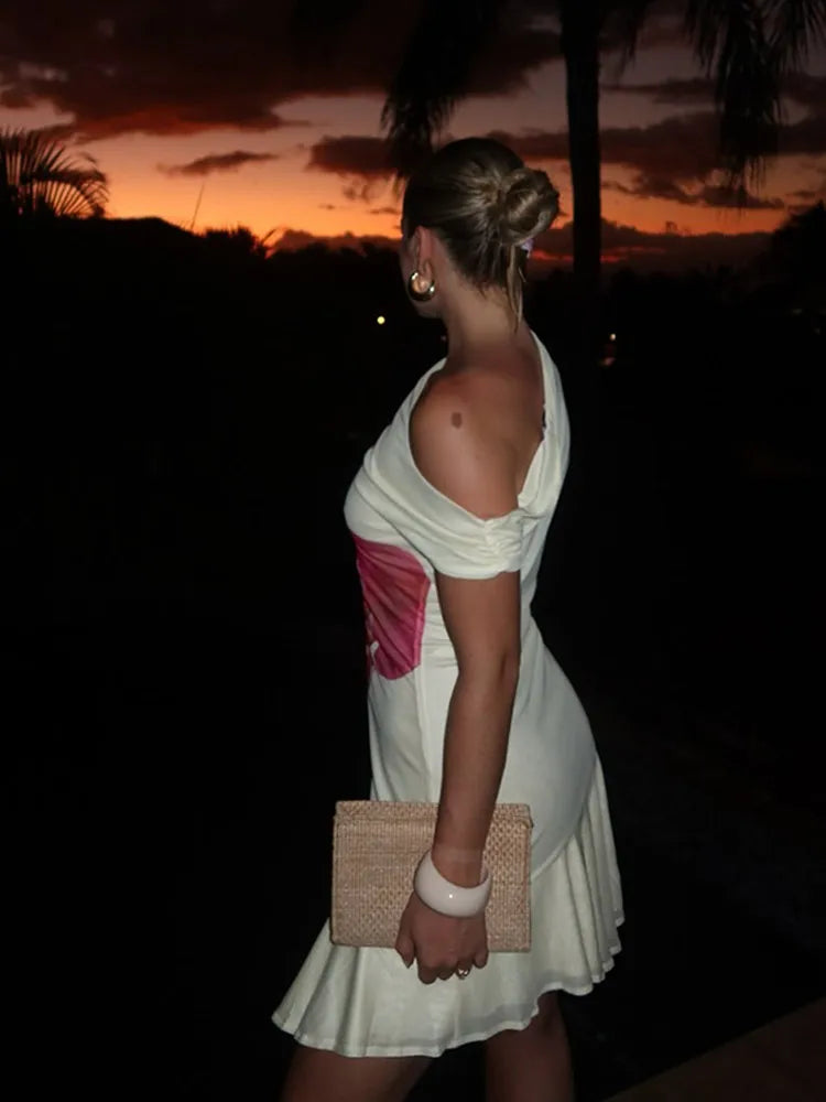 Vestido feminino com pregas irregulares e bainha estampada, ombro de fora, bainha com babados, malha com fenda alta, vestidos de igreja para mulheres, verão 2025