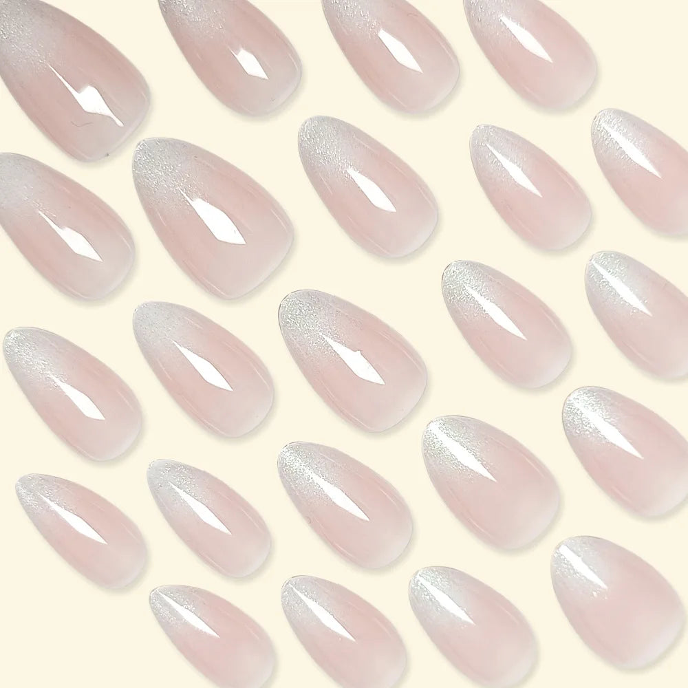 24pcs Cat's Eye Pink Almond French Style Press on Nails Pink 3D Printing Fake Nails Full Cover Wearable False Nails