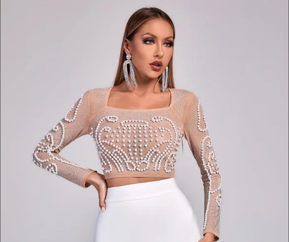 Top Quality Celebrity Black White Two Pieces Set Pearl Beading Hollow Out Rayon Bandage Dress Party Fashion Dress Vestidos