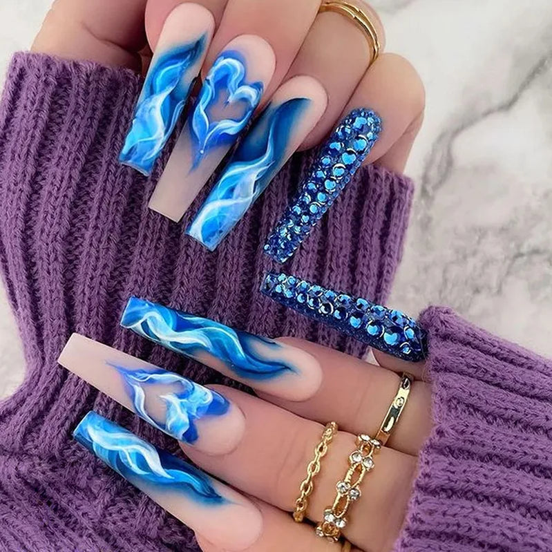 24Pcs Glitter Long Coffin French False Nails with Blue Rhinestone Design Removable Wearable Ballet Press on Nails Manicure