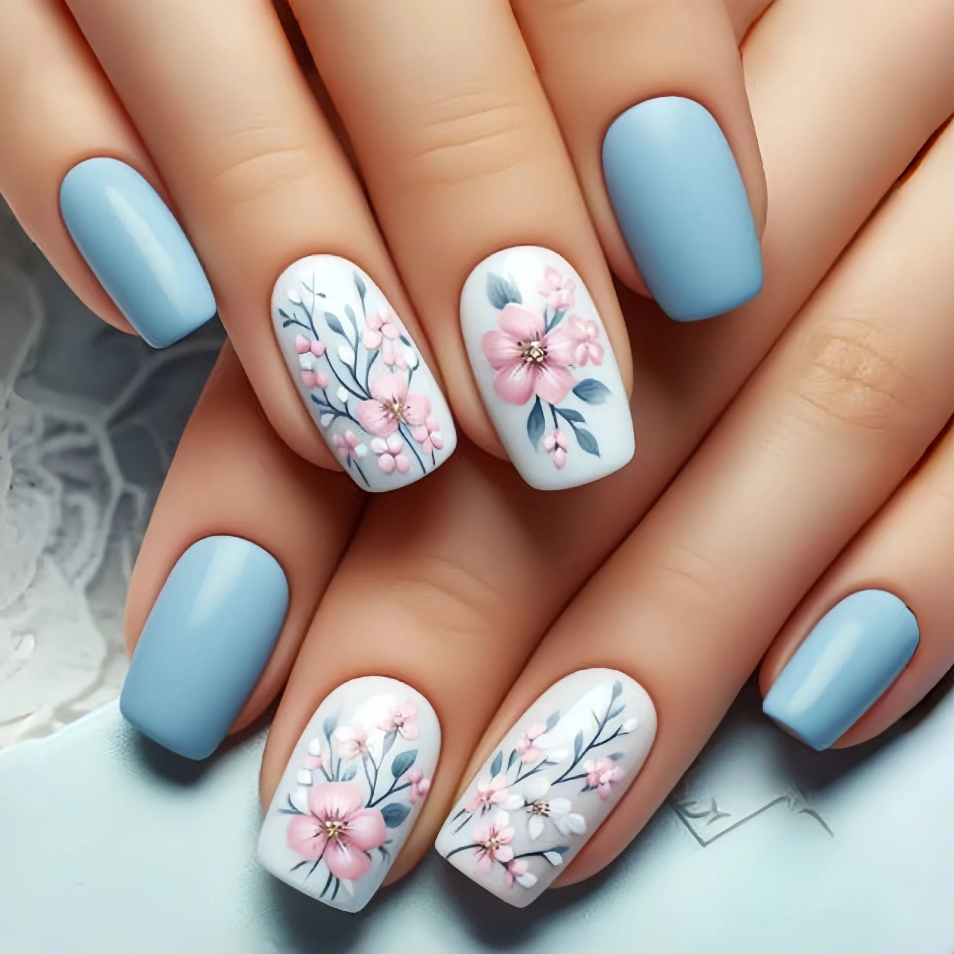 24Pcs Fake Nails Mid-length Ballet Press on False Nails with Blue Flowers Design Fashion Nails Set Detachable Nail Spring/Summer