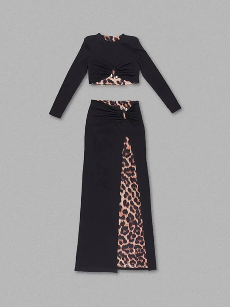 Women Celebrity Sexy Long Sleeve Leopard Black Maxi Long Skirt Bandage Set Elegant Evening Club Party Outfits