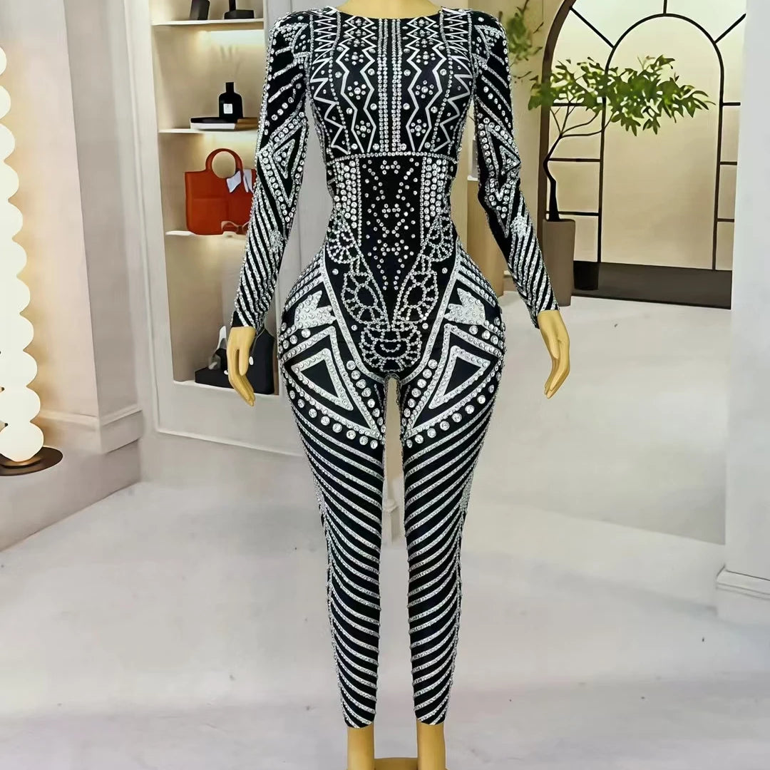 Fancy Sexy Black White Striped Printing Rhinestone Jumpsuit Bar Nightclub Stage Performance Bodycon Leggings for Women Mawenku