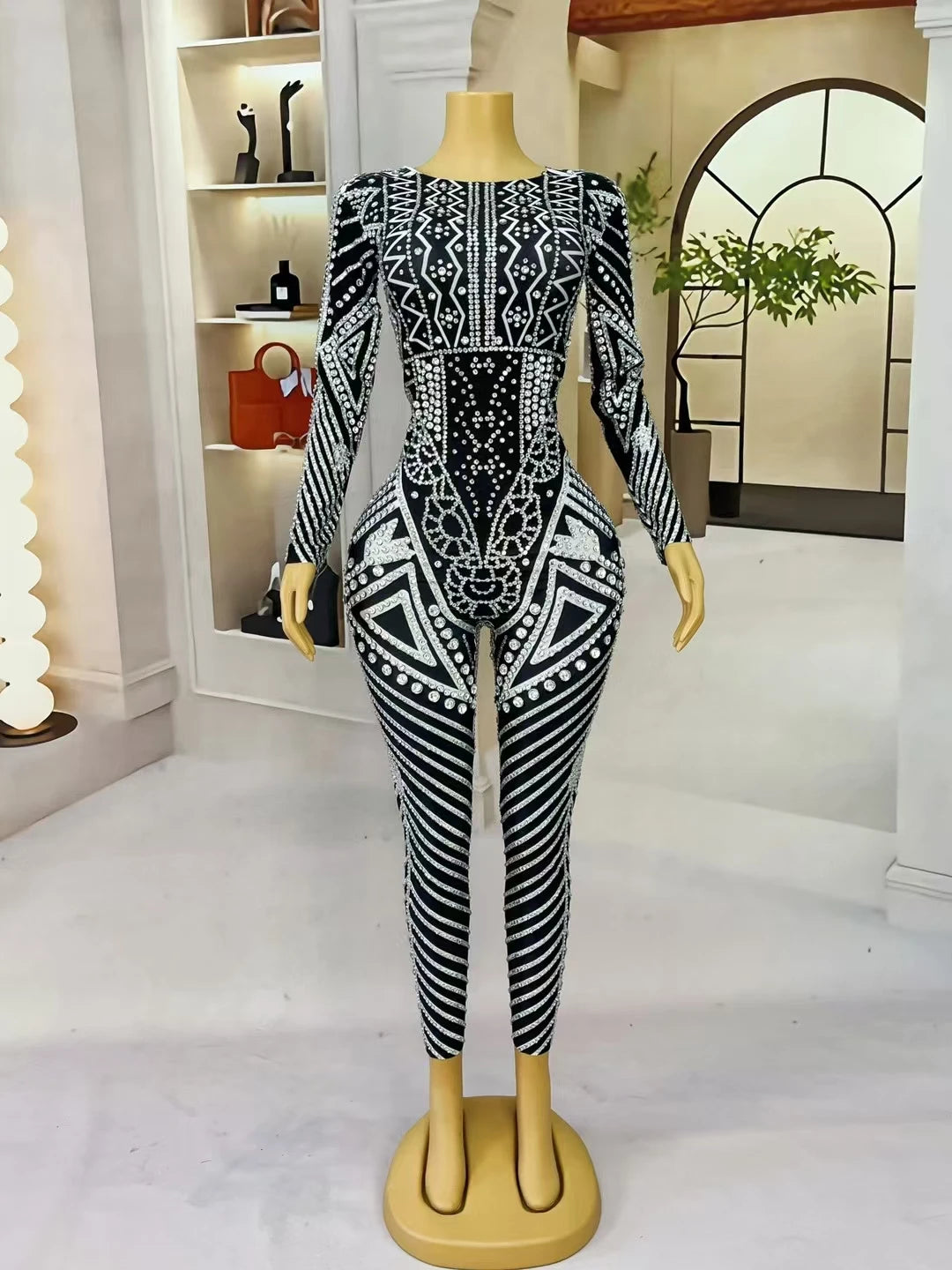 Fancy Sexy Black White Striped Printing Rhinestone Jumpsuit Bar Nightclub Stage Performance Bodycon Leggings for Women Mawenku