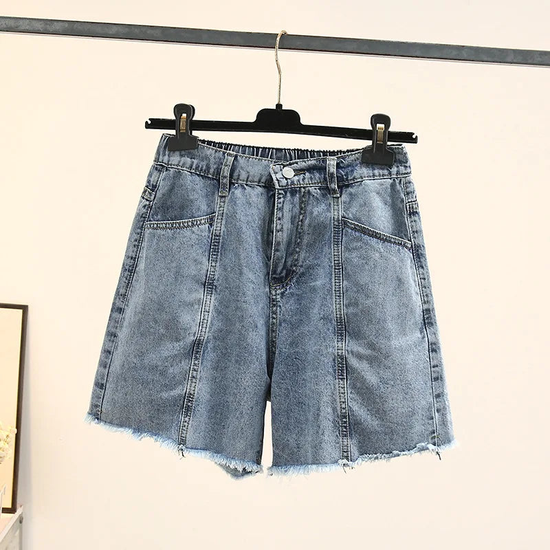 Plus Size Women Denim Shorts 2023 Summer Fashion Straight Jeans Loose Hot Pants Oversized Curve Clothes J4-1048 Blue