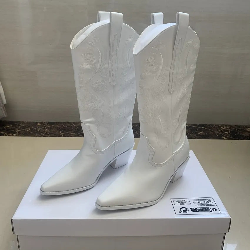 Western Women Boots Autumn Winter Fashion Chunky Heeled Cowboy Boots Vintage Style Country Western Cowgirl High Heels Boots CXX-LX white