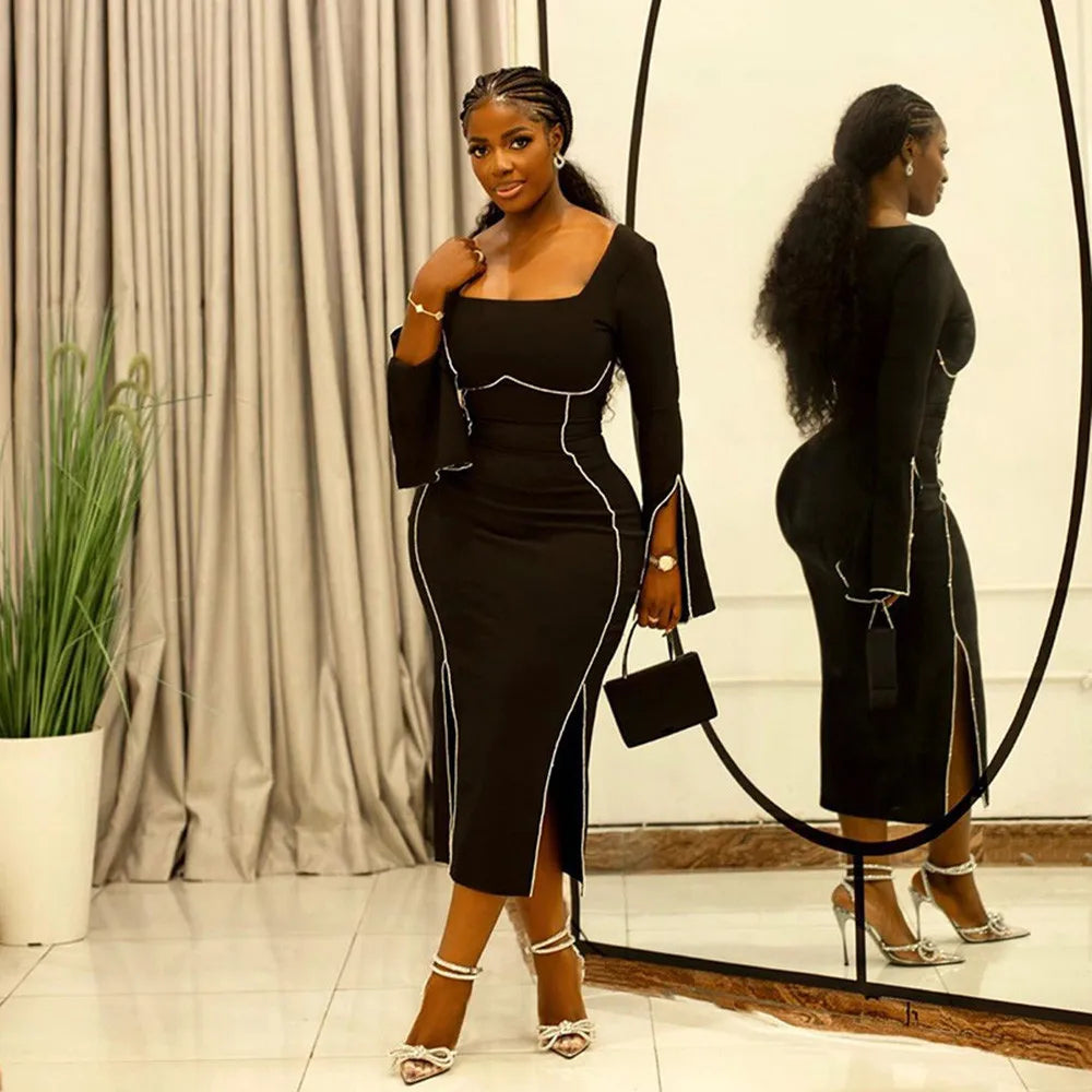 Women Long Sleeve Sexy Square Collar Zipper Bodycon Mid-calf Bandage Dress Celebrate Fashion Evening Party Dress