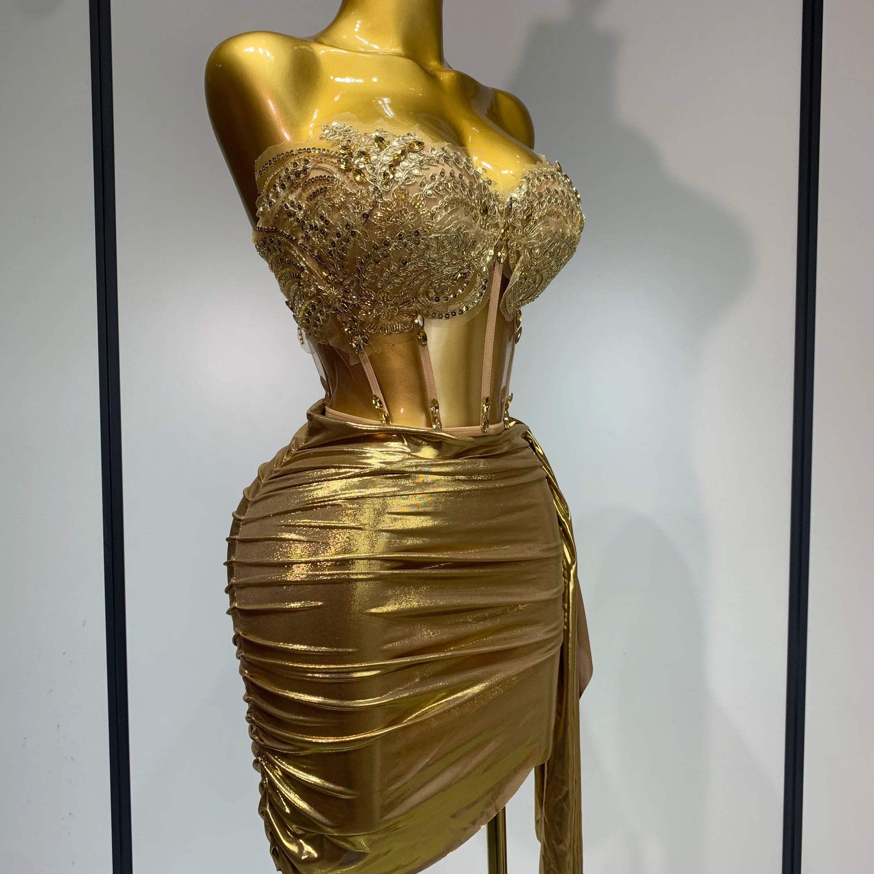 Women Sexy Strapless Sequins Rhinestone Gold Dress Glitter Top Two Pieces Sets Birthday Evening Party Club Singer Stage Outfit