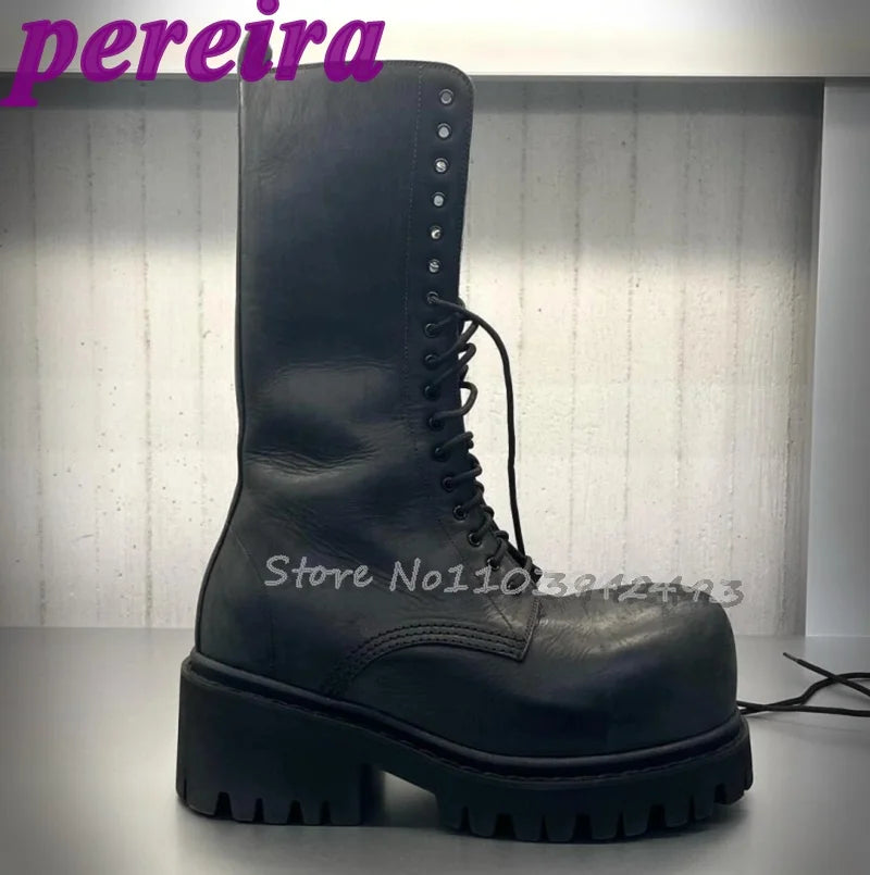 Lace Up Boots Big Round Toe Botas Women Man Luxury Designer Shoes Autumn Winter Booties 2025 Zapatos De Mujer Solid Sarpe New