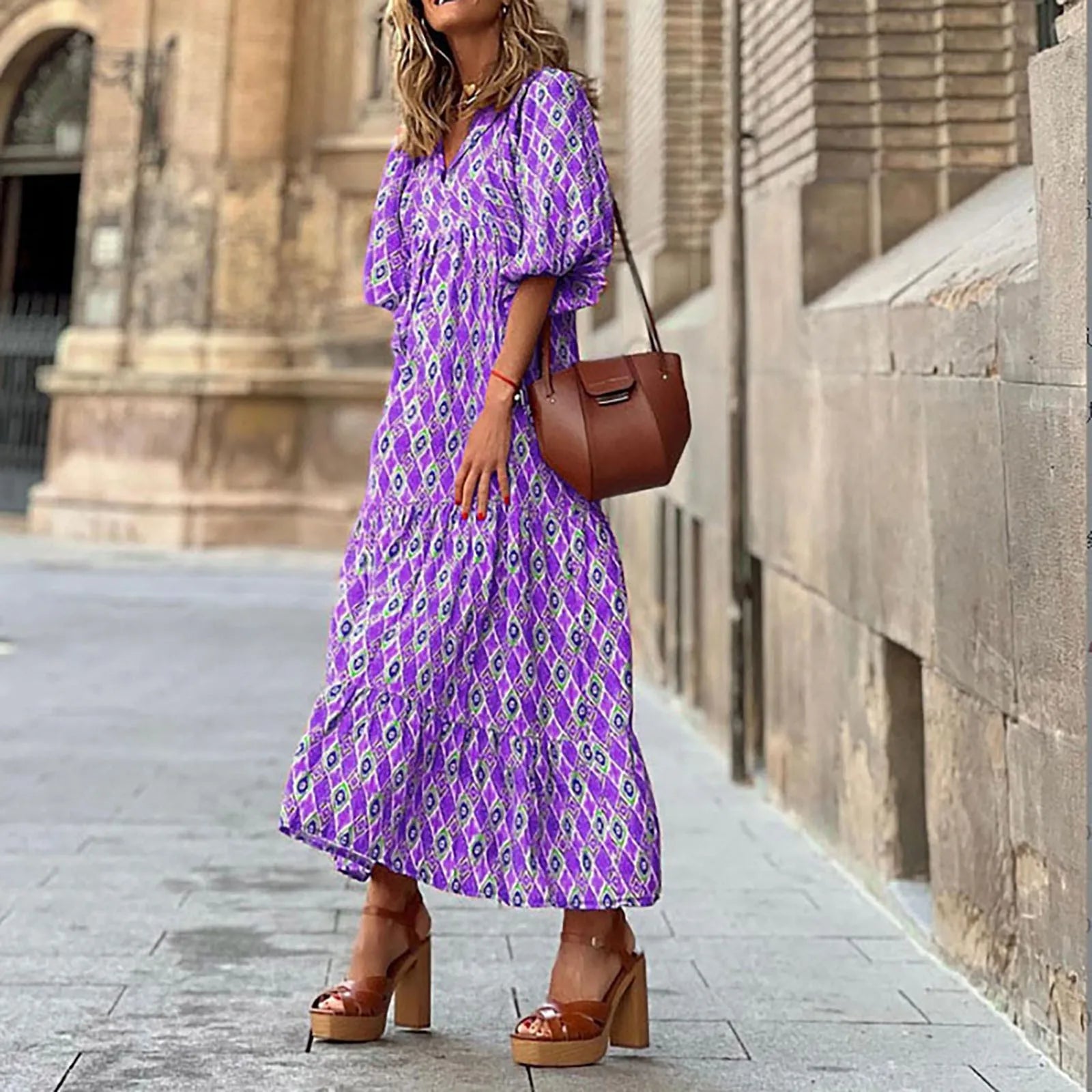 Geometric Printed Dresses For Fine Woman Bubble Sleeved Long Dress Street Oversized Women'S Clothing Casual Mountain Dress Purple