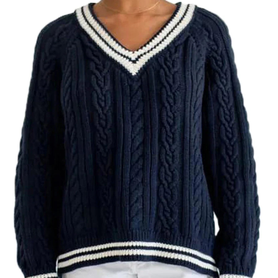 Women Cable Knitted Contrast Trim V Neck Sweaters Y2k Vintage Long Sleeve Pullover Striped Loose Preppy Jumper Top Streetwear