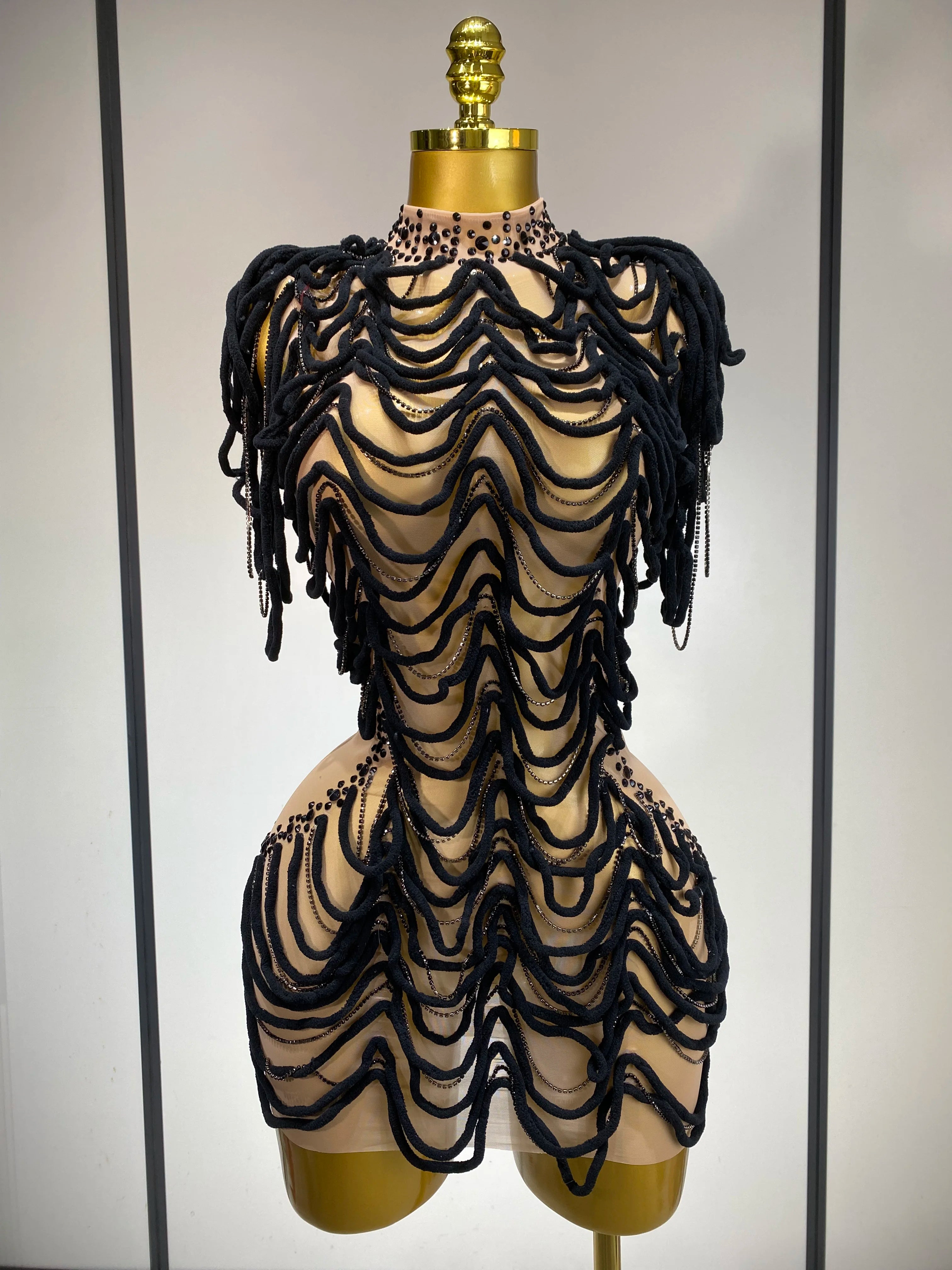 Women Mesh Elastic Sexy Tight Fitting Sparkly Diamond Chain Short Dress Nightclub Luxury Birthday Stage Performance Costumes