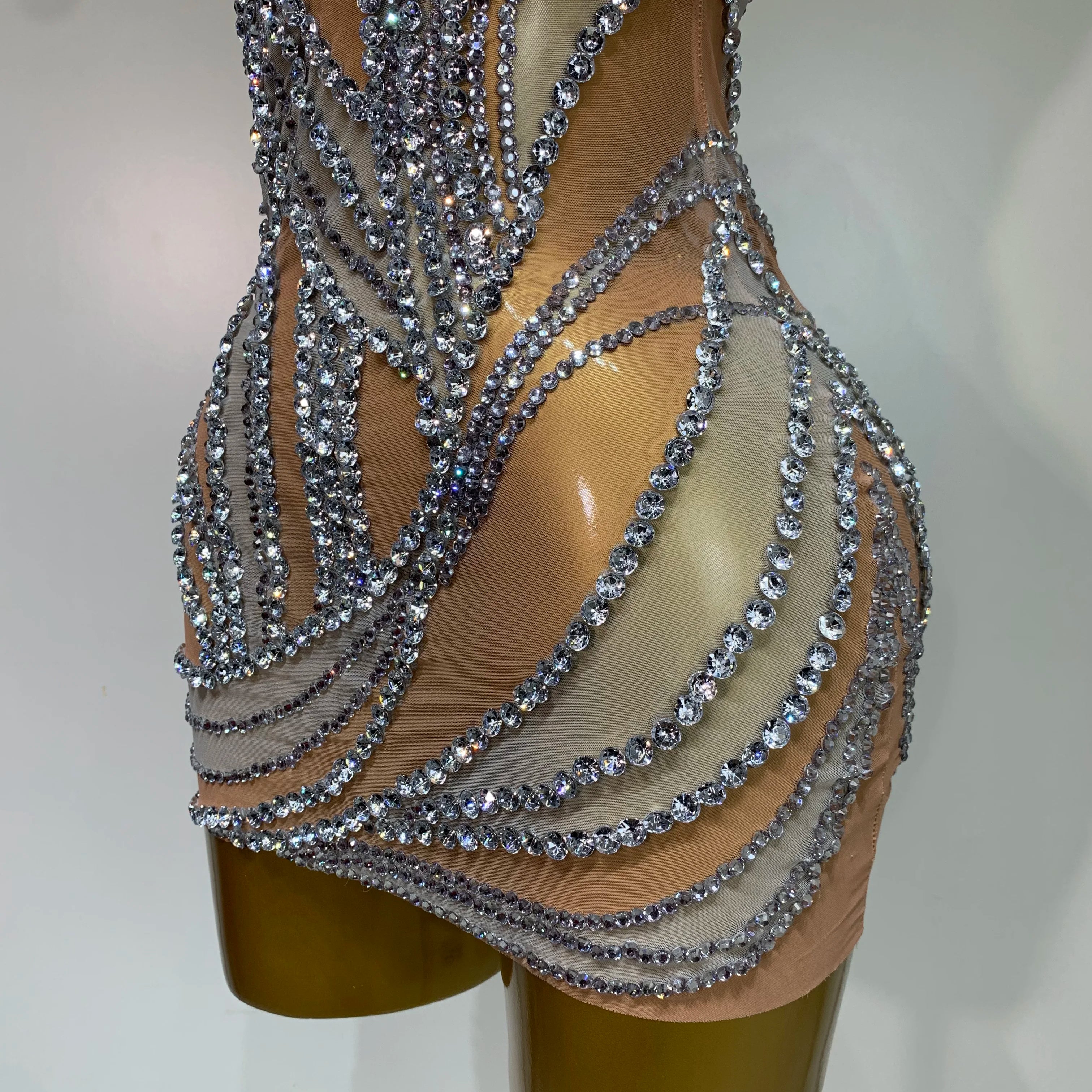 Sparkly Crystals See Through Women Cocktail Dresses Celebrate Birthday Party Gowns Singer Performance Stretch Stage Costume