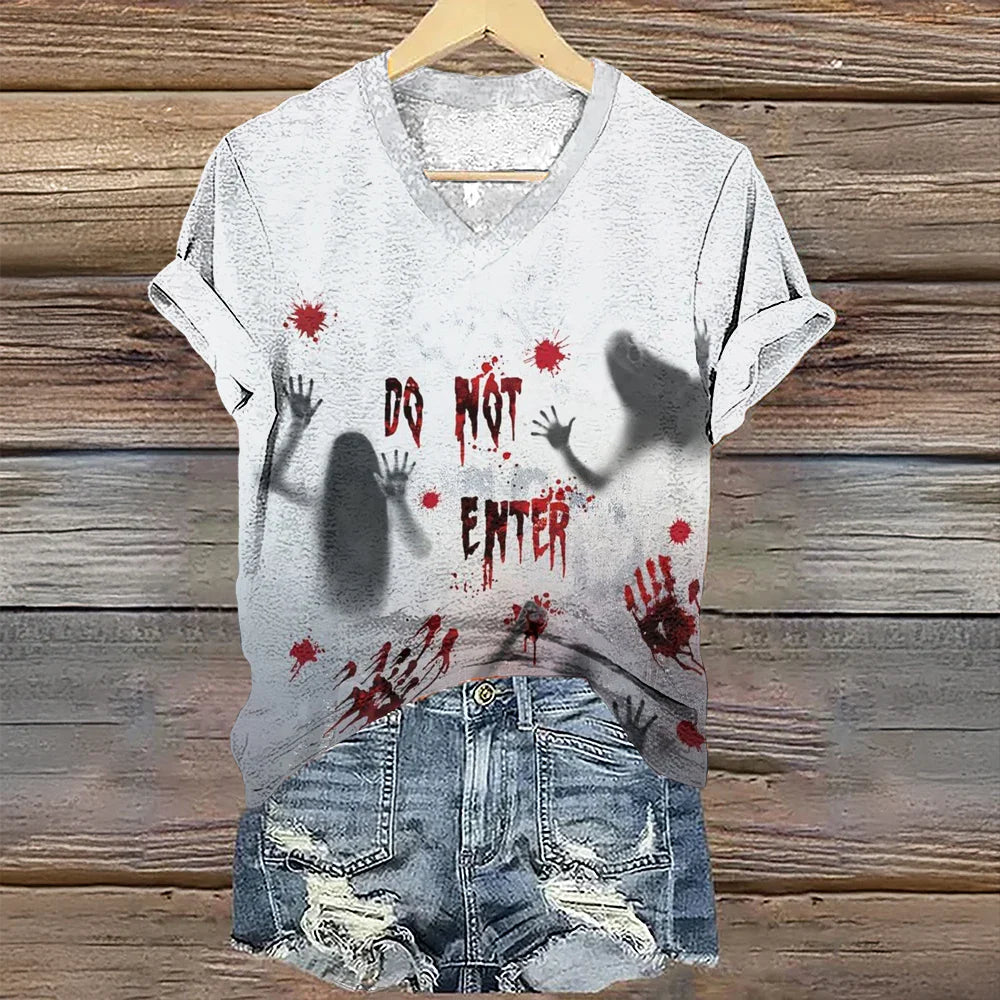 Vintage Women's T-shirt V-neck T-shirt Letter Printed Short Sleeve T-shirt Casual Loose Clothes Halloween Bloody T-shirt VAYJWH2024075R6