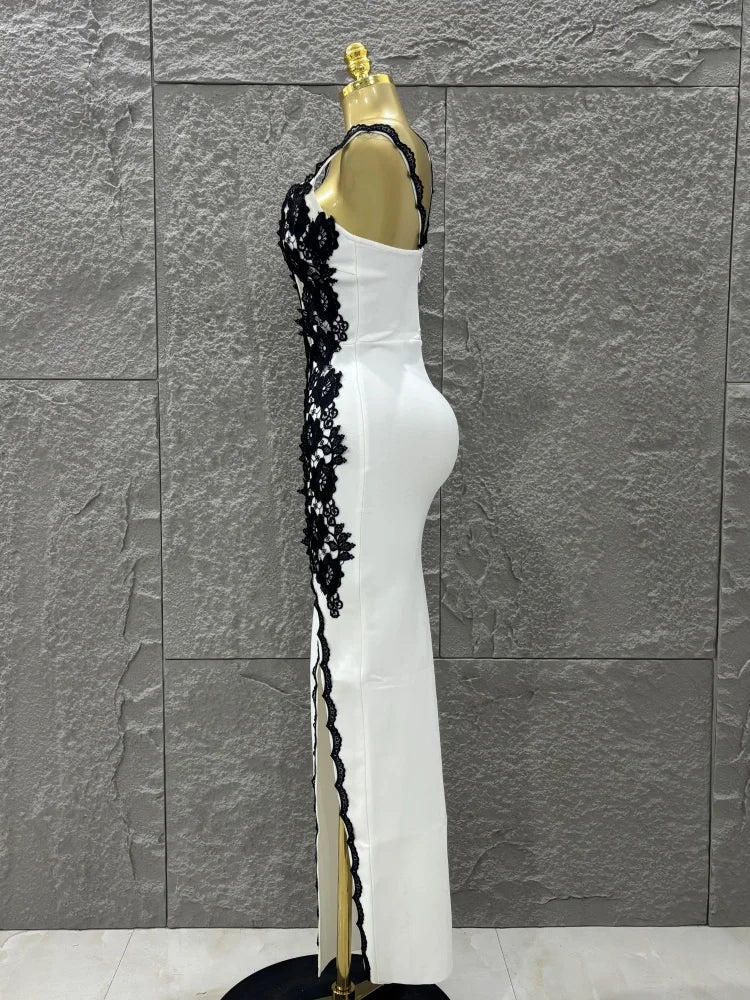 Top Quality Women Sexy One Shoulder Black Lace Bodycon Long Bandage Dress Fashion Celebrate Evening Party Birthday Outfit