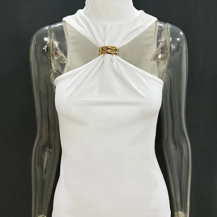 Regatas femininas de malha básica com gola alta, pulôveres, camisola com argola de metal, sem mangas, justas, de malha, top curto Y2K